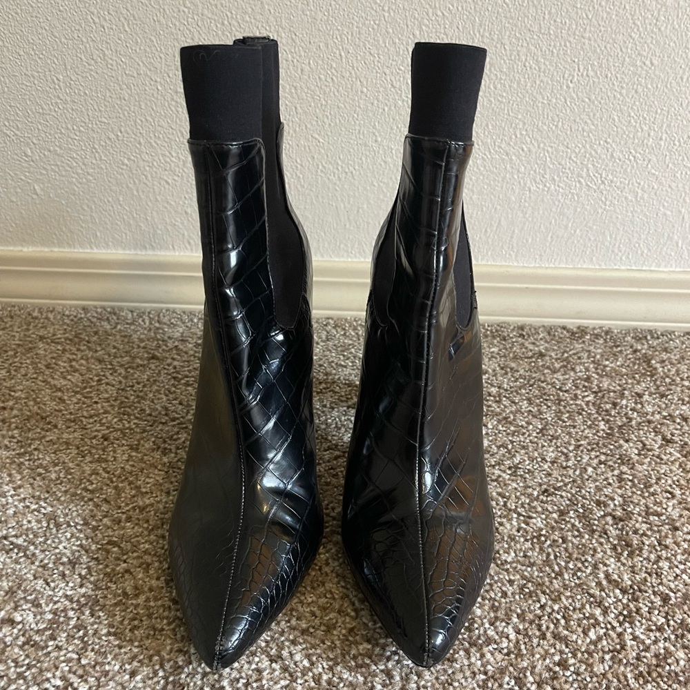 Heeled faux snake skin pointed toe boots